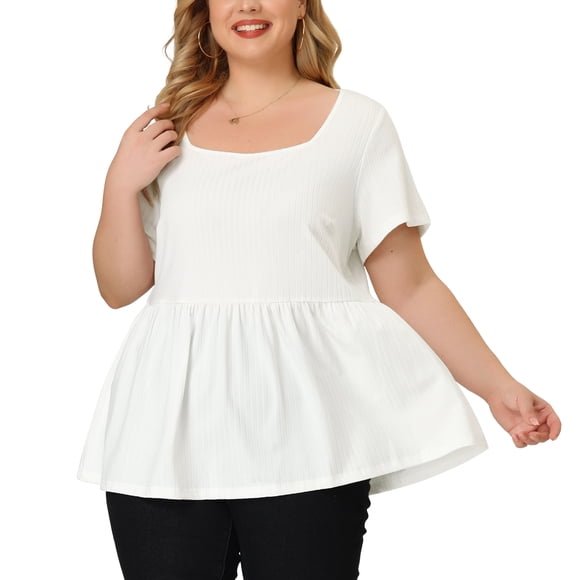 Women's Plus Size Tee Shirts Square Neck Textured Printed Peplum Summer Short Sleeve Tops White 1X