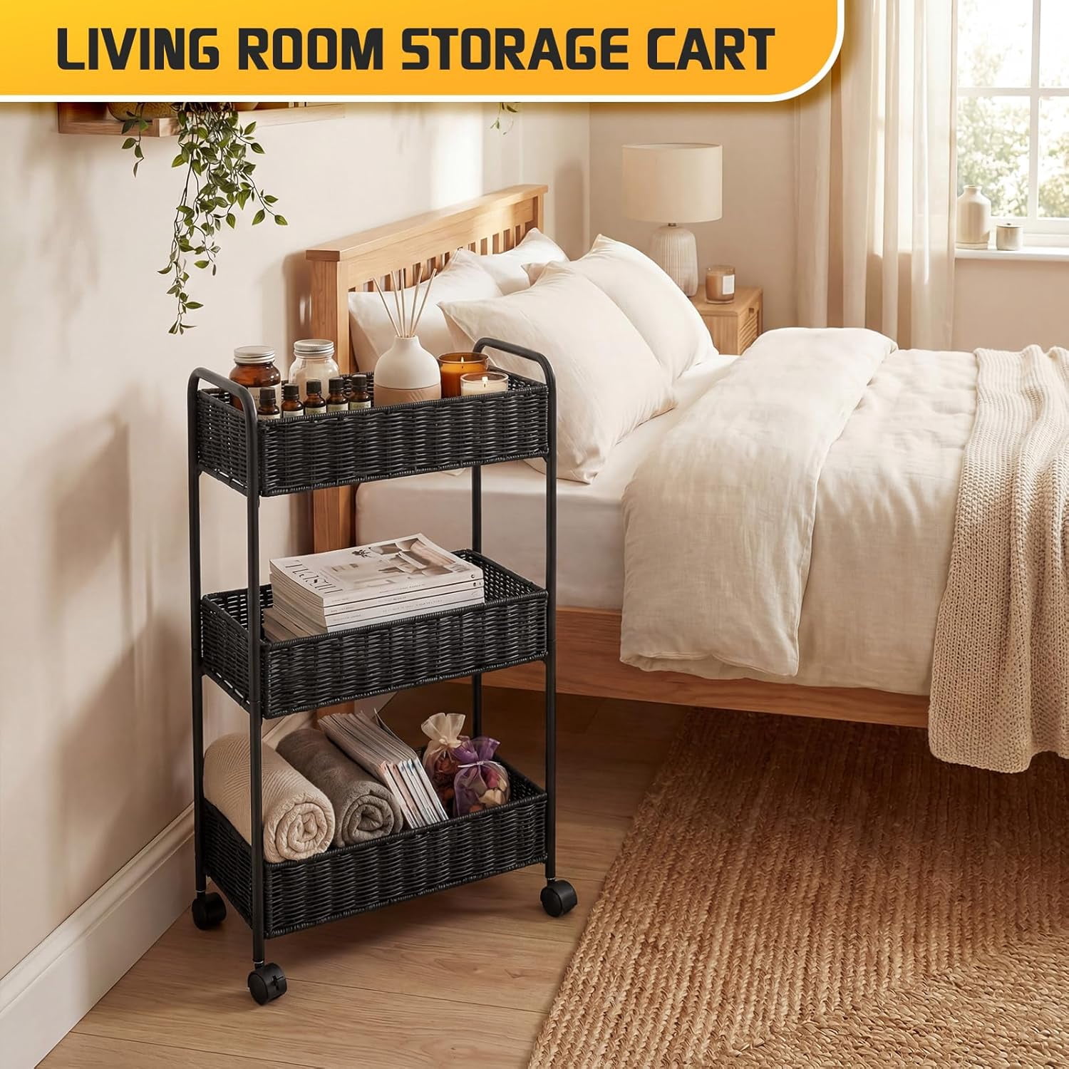 3-Tier Utility Slim Storage Cart, Rolling Kitchen Office Laundry Room Cart, Shelving Unit Organizer for Living Room,Home Office & Narrow Places