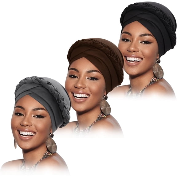 3 Pcs African Women Turban Caps Pre-Tied Twisted Turbans for Women Head Scarf for Women Hair Wraps Cover Beanie