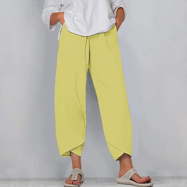 RXIRUCGD Women's Summer Comfortable Loose Wide Legged Fashion Solid Color Capris, Yellow, Size: S