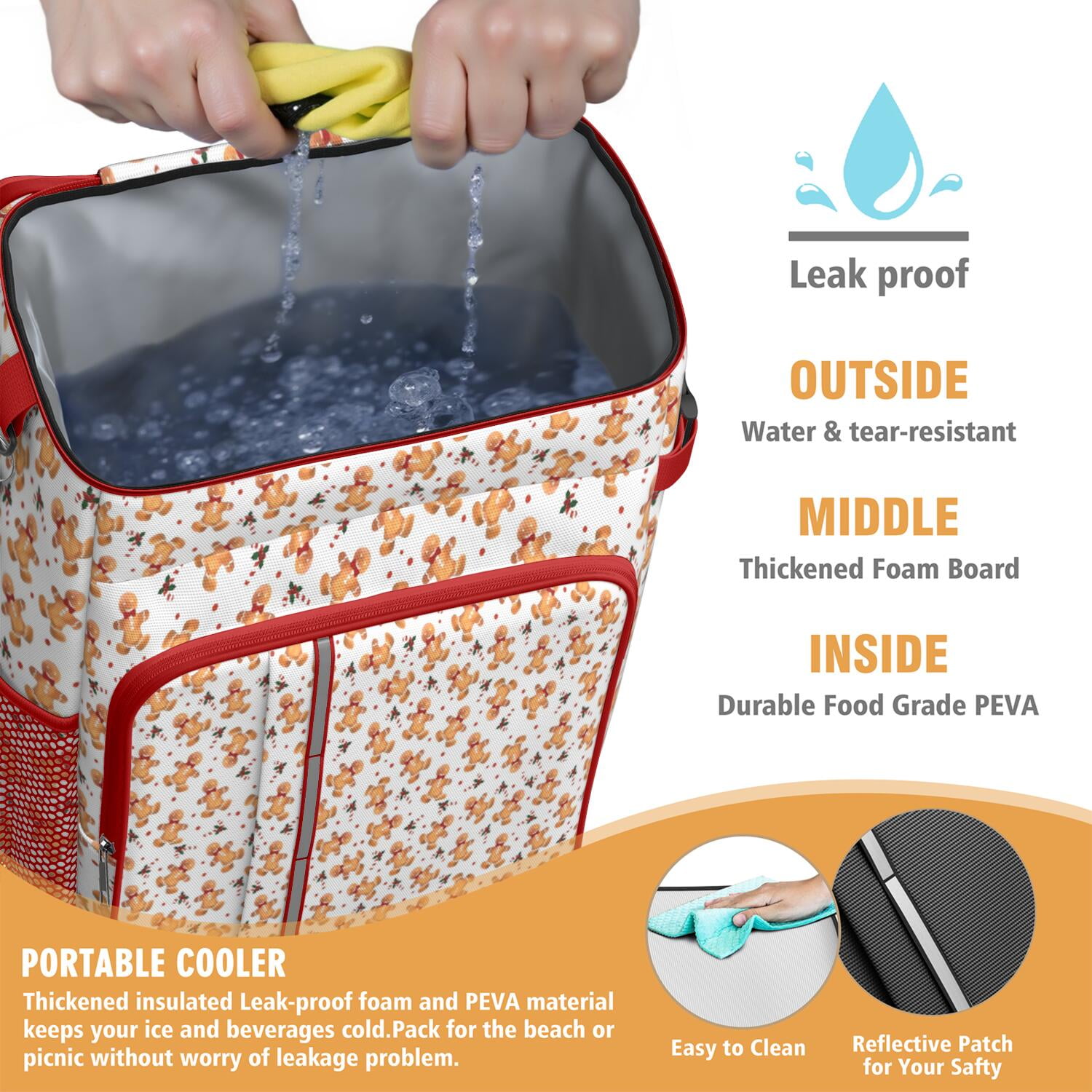 Travel Cooler Bag - White Christmas Gingerbread Man Pattern Camping Beer Cooler Backpack with Bottle Opener- Waterproof Insulated Picnic Backpacks - Cooler Bag for Beach