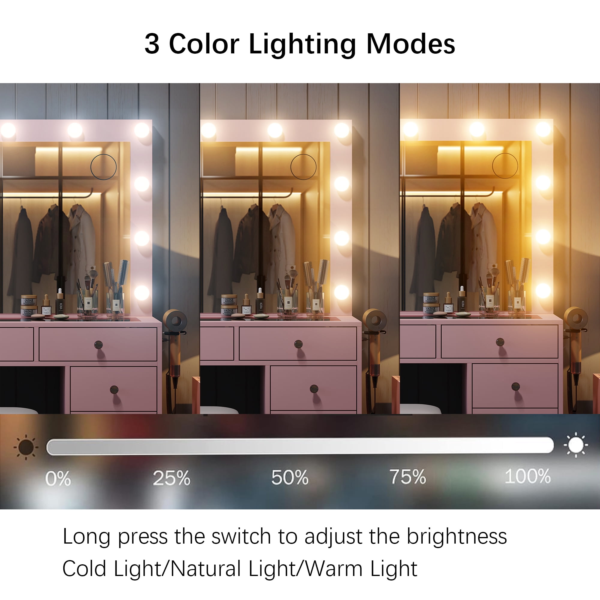 Yanosaku Vanity Desk with Mirror, 12 LED Lights, 11 Drawers, Chair, 3 Lighting Modes, Adjustable Brightness, Pink