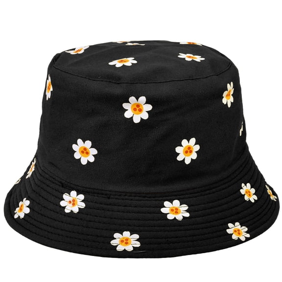 Daisy Flower Reversible Bucket Hat For Men Women Summer Travel Beach Outdoor Fishing Hat 100% Cotton - J876-Black