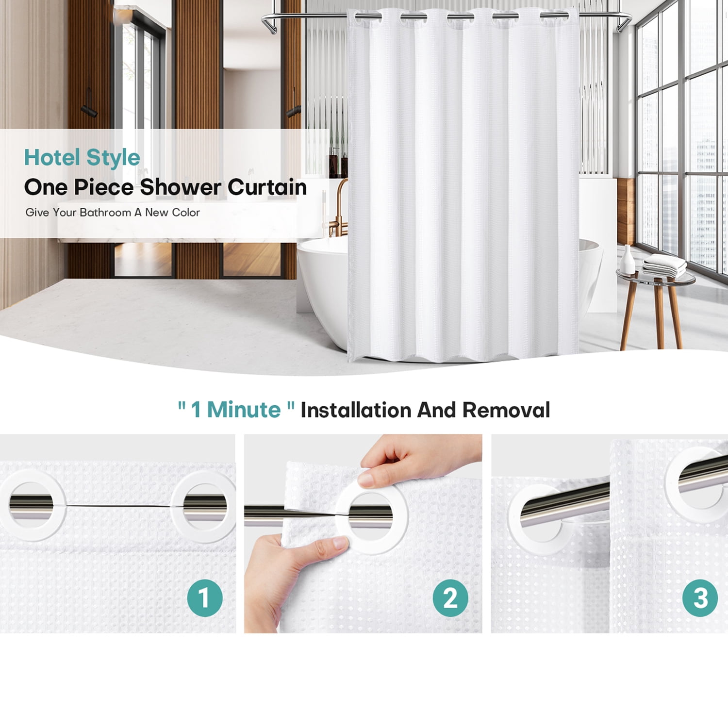 Waffle Weave Shower Curtains, No Hook Shower Curtains for Bathroom, DawnJoanHD White Polyester Fabric Shower Curtain with Built-in Rings, 72" x 74"