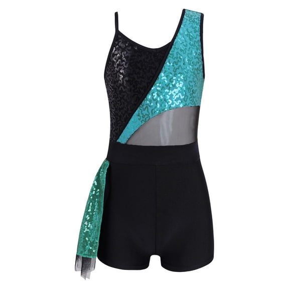 YEAHDOR Kids Girls Jazz Dance Gymnastics Leotard Shiny Sequins Athletic Unitard Ballet Bodysuit Green 14
