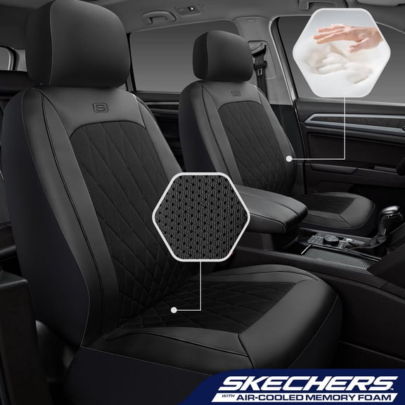 Skechers Car Seat Covers , Air-Cool Design Memory Foam Seat Covers, Piping Leather Mesh Car Seat Cover,Airbag Compatible,Automotive Comfort Universal FitMost Cars,Vans,Truck,SUV,Black Front Set