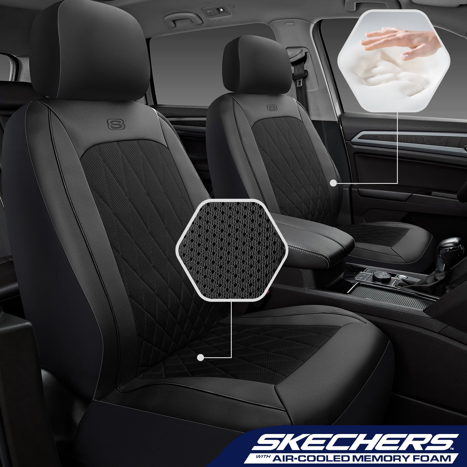Skechers Car Seat Covers , Air-Cool Design Memory Foam Seat Covers, Piping Leather Mesh Car Seat Cover,Airbag Compatible,Automotive Comfort Universal FitMost Cars,Vans,Truck,SUV,Black Front Set