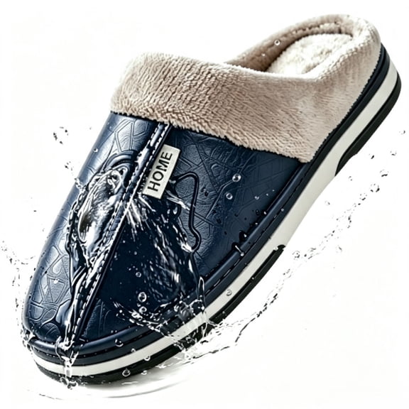 Knivor Scuff House Slippers for Men PU Waterproof Slip On Warm Fuzzy Fleece Lined Non Slip Thick Sole Indoor Outdoor Winter Slippers