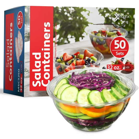 Lot de 50 Bols à Salade en Plastique Transparent 32oz avec Couvercles, Conteneur Jetable Moyen pour Emporter avec Couvercle à Pression pour Salades de Fruits, Quinoa, Déjeuner et Préparation de Repas, Bol à Açaï, Conteneurs de Fête à Emporter