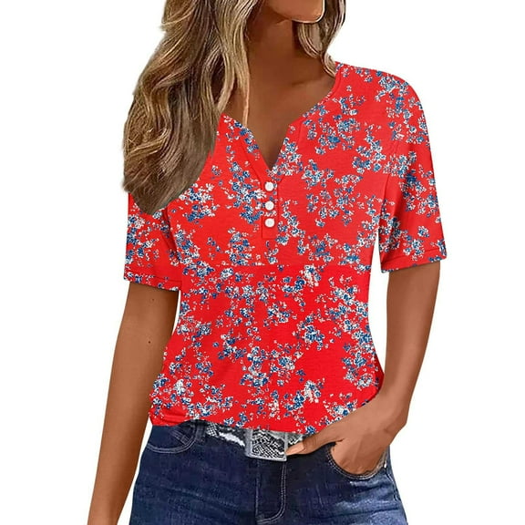 Perfectbot Women T-Shirts Loose Casual Summer Print V Neck Short Sleeve Button Blouses Size S-3XL