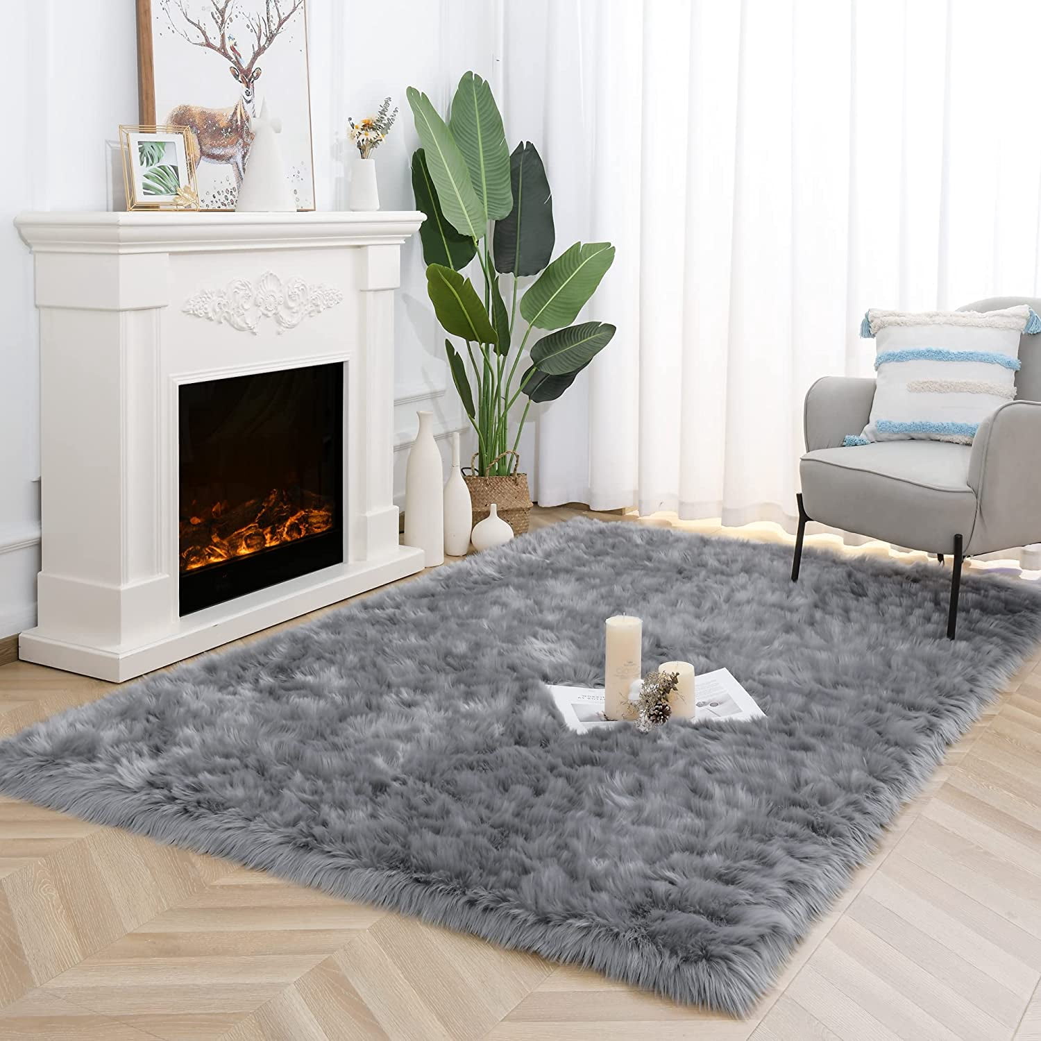 Lochas Soft Fluffy Rugs Faux Sheepskin Area Rug for Bedroom Living Room Bedside Carpet Nursery Washable Floor Mat,4'x6',Gray