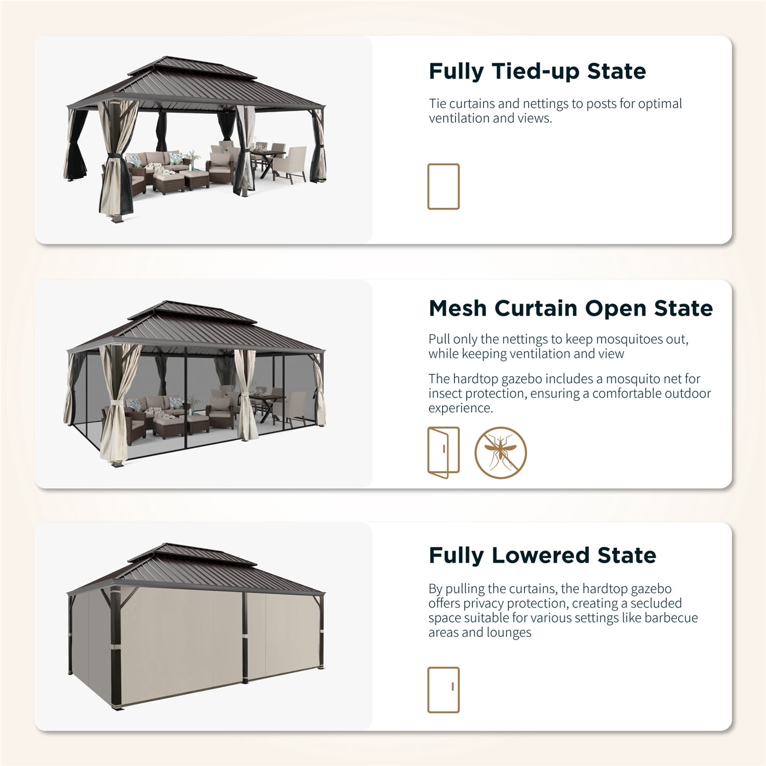 Summit Living 14' x 20' Hardtop Gazebo Aluminum Frame Galvanized Steel Double Roof Patio Gazebo with Netting & Curtains Brown