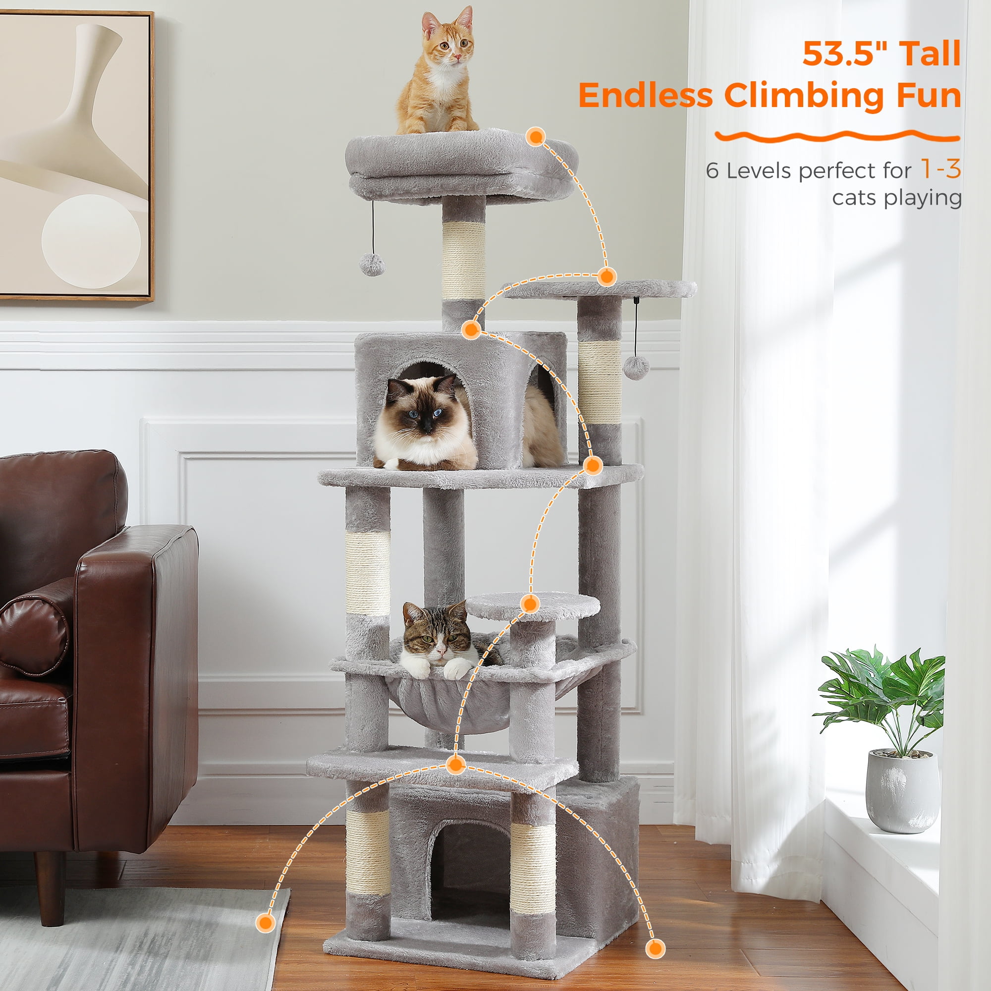 Pefilos 53" Tall Cat Tree Tower with Spacious Hammocks, Condos and Scratching Posts, Cat House with Dual Padded Perches for Indoor Large Cats, Gray