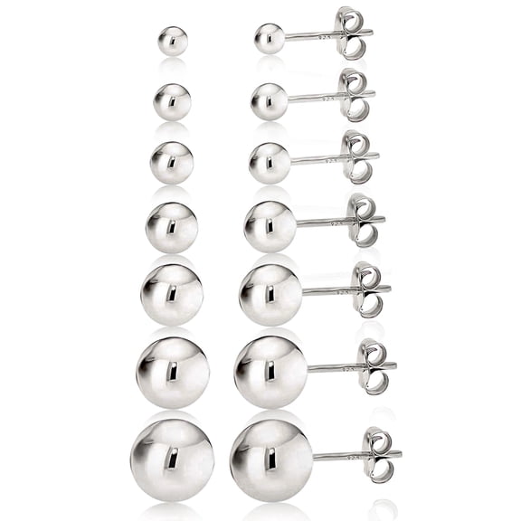 KEZEF Women's 925 Sterling Silver Round Ball Stud Earrings, 7-Pair Set, High Polish, 2mm-8mm