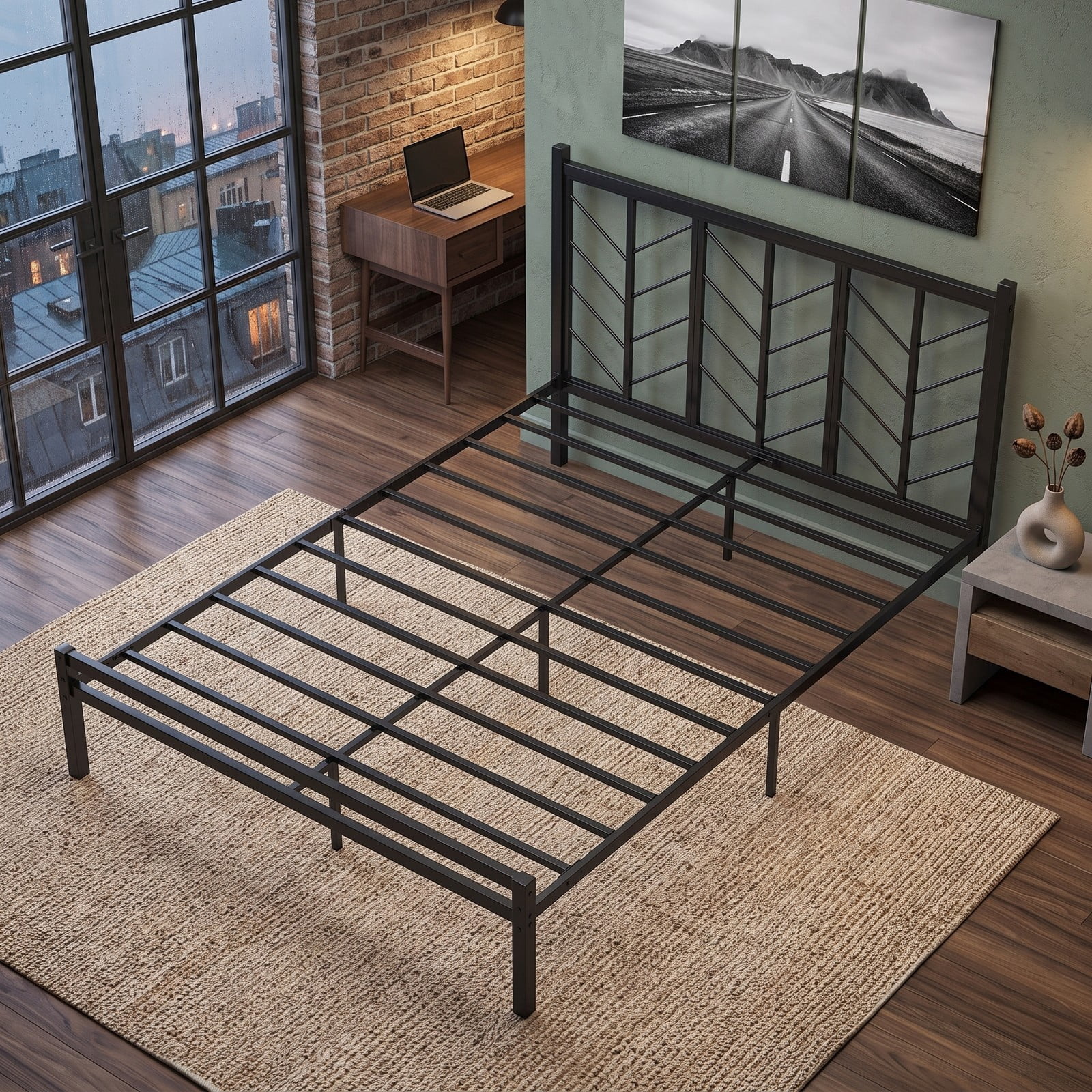 Furnibear Queen Bed Frame, Metal Platform Bed Frame with Chevron Branch Headboard, Queen Bed Frame with Slatted Support, No Box Spring, Black