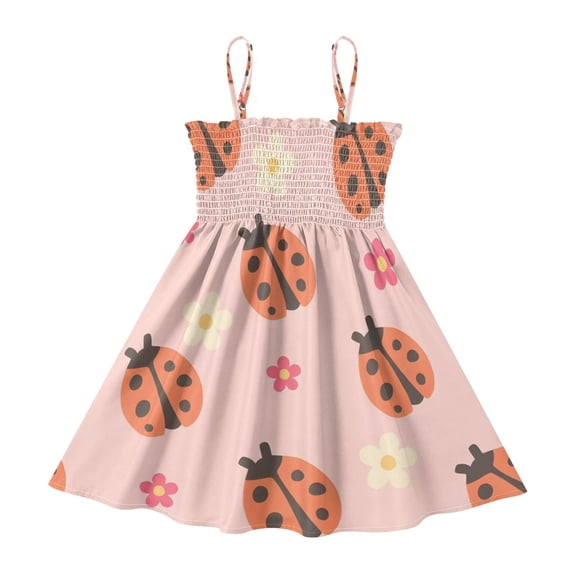 DALAWU Lightweight Pink Ladybug-flower Smocked Sundress Adjustable Strap Flowy A-Line Summer Dress