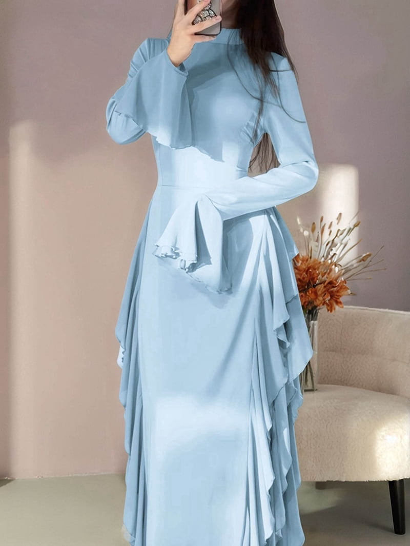 Women'S Bodycon Dresses Elegant Bell Sleeve Ruffle Hem Cocktail Party Long Dress Blue L
