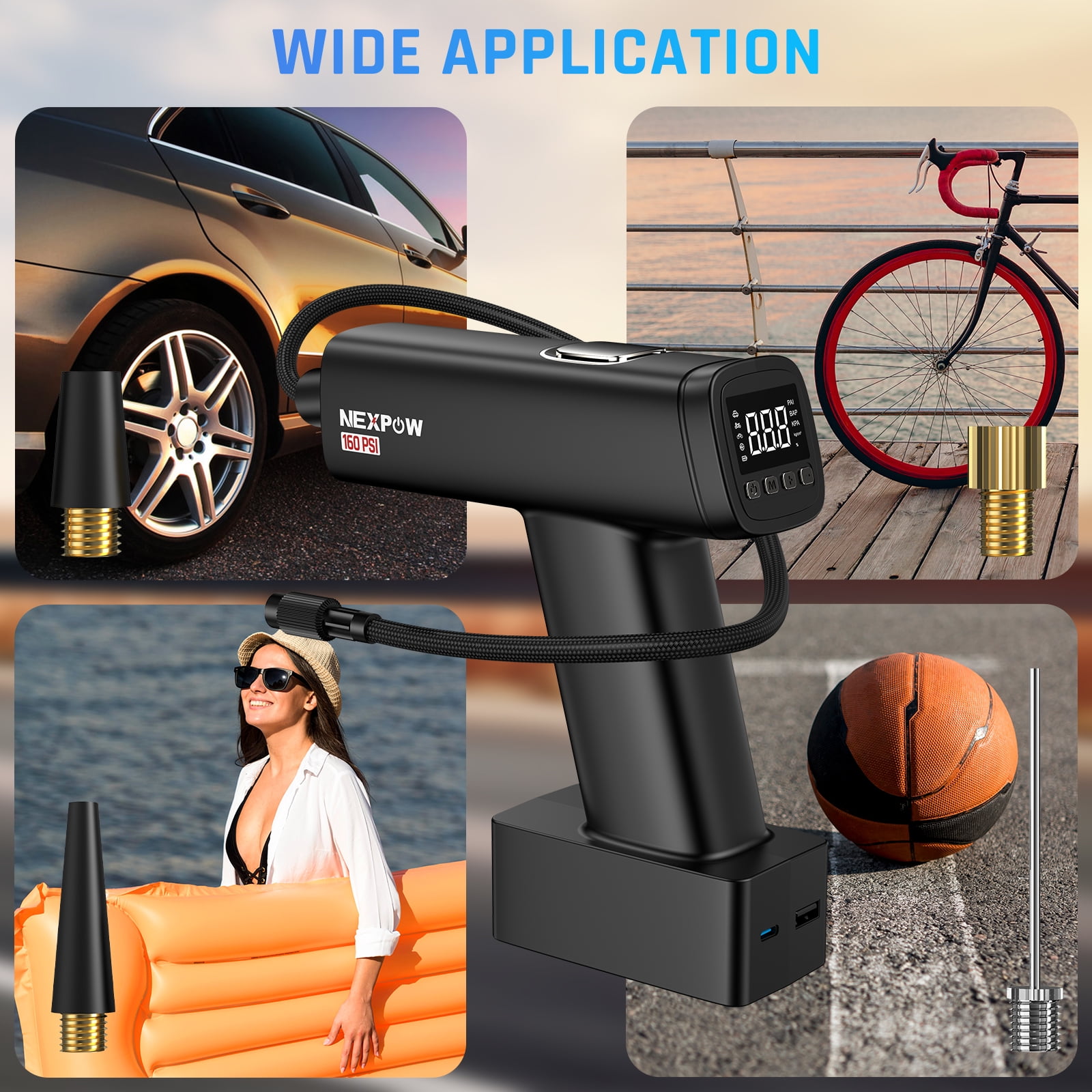 NEXPOW Cordless Tire Inflator, 160 PSI Air Pump for Car Tires, Portable Rechargeable Tire Pump with Digital Pressure Gauge, Auto Shut-Off & LED Light