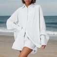 thumbnail image 2 of QHFBli 2 Piece Linen Set for Women Summer Beach Outfits Long Sleeve Button Down Shirts and Shorts Casual Loungewear Set, 2 of 7