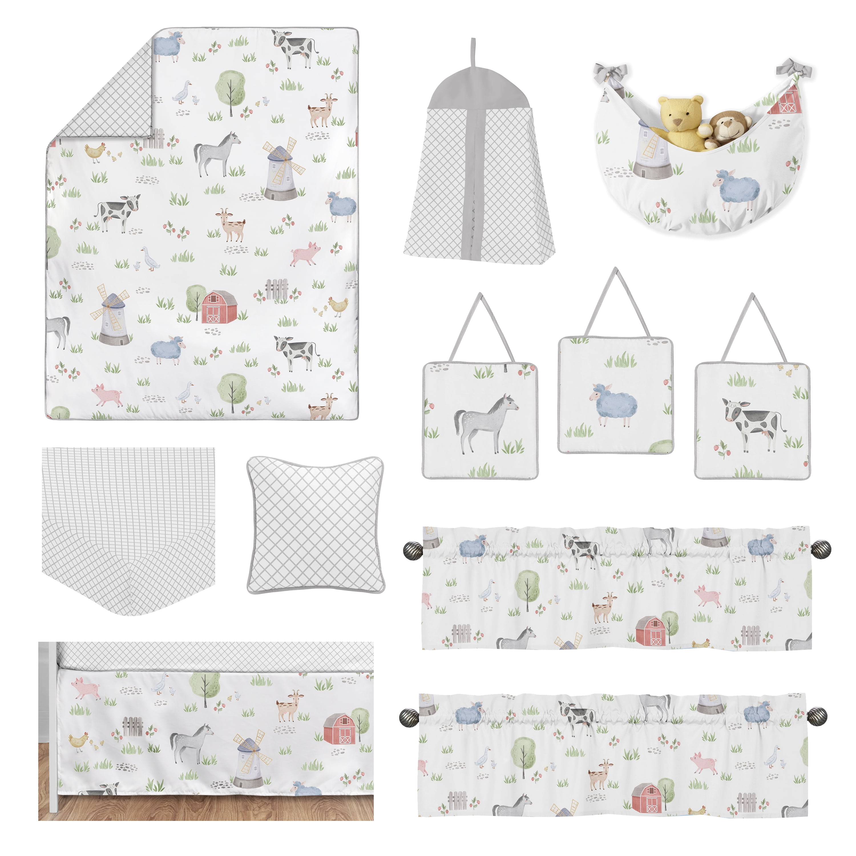 Sweet Jojo Designs Farm Animals Gray Green Grey Red 11 Piece Crib Bedding Set