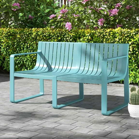 Auranook Patio Loveseat 2-Person Bench w/ Curved Backrest Slatted Design for Backyard