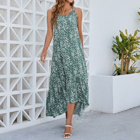 Babysbule Summer Dresses for Women Floral Print Off-the-Shoulder Beach Sun Mini Irregular Hem Ruffled Flowy Dress