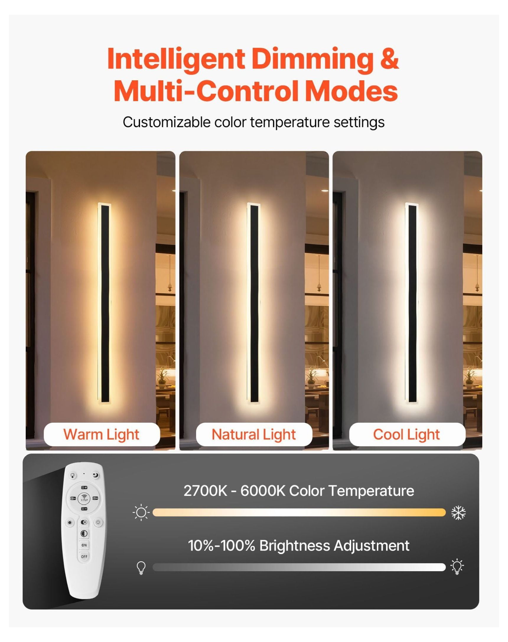 Outdoor Wall Lights 2 Pack, 47.2 Inch Modern Exterior Sconce, Dimmable 2700K-6000K, IP65 Waterproof, Anti-Rust, Porch Garage Lighting