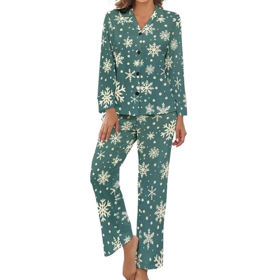 PoBuds Women's Long Sleeve Flannel Pajama Set Sleepwear Snow Flake Christmas L