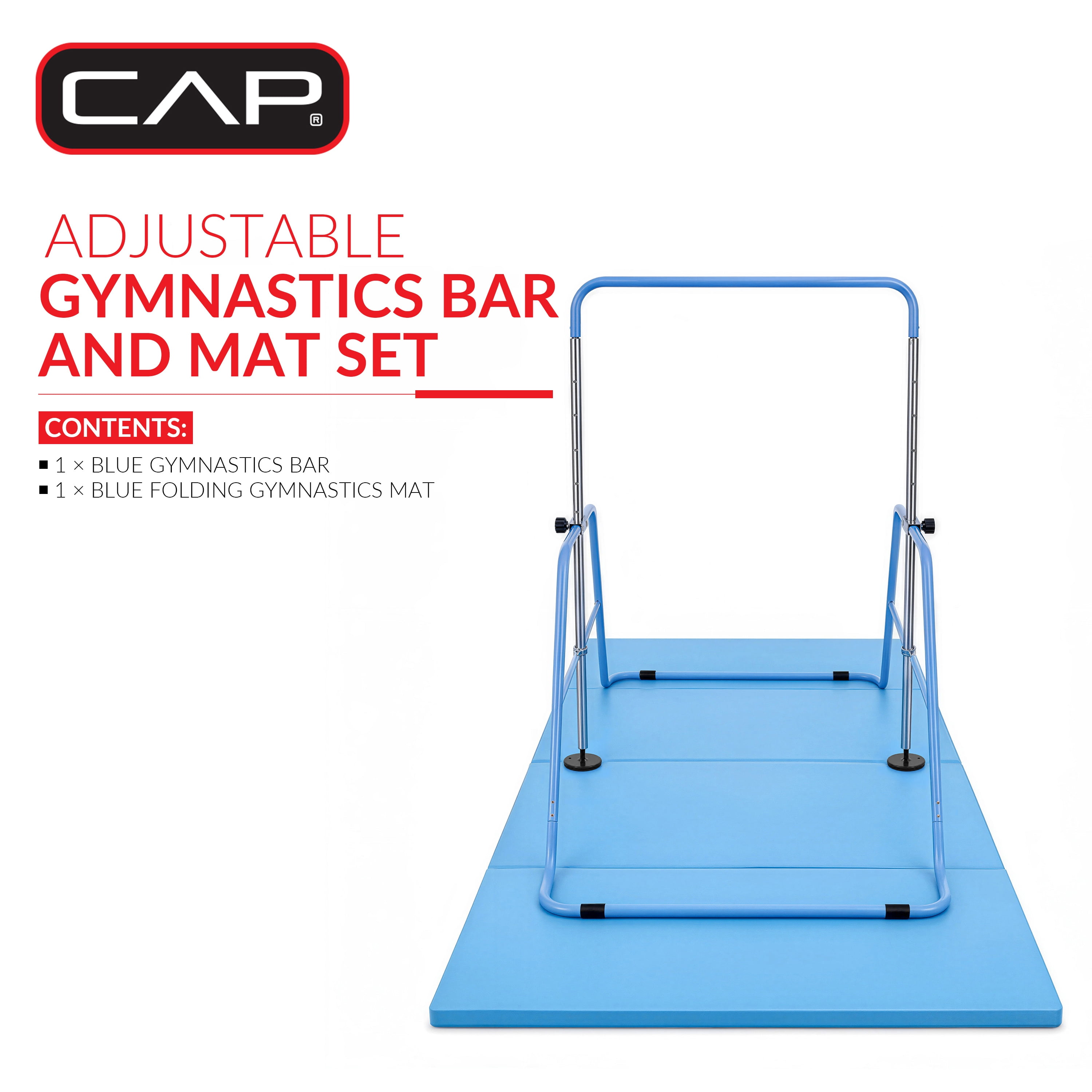 CAP Adjustable Height Horizontal Gymnastics Bar for Kids, Blue and CAP Barbell Gymnastics Balance Mat 10' x 4' x 3" thick, Blue