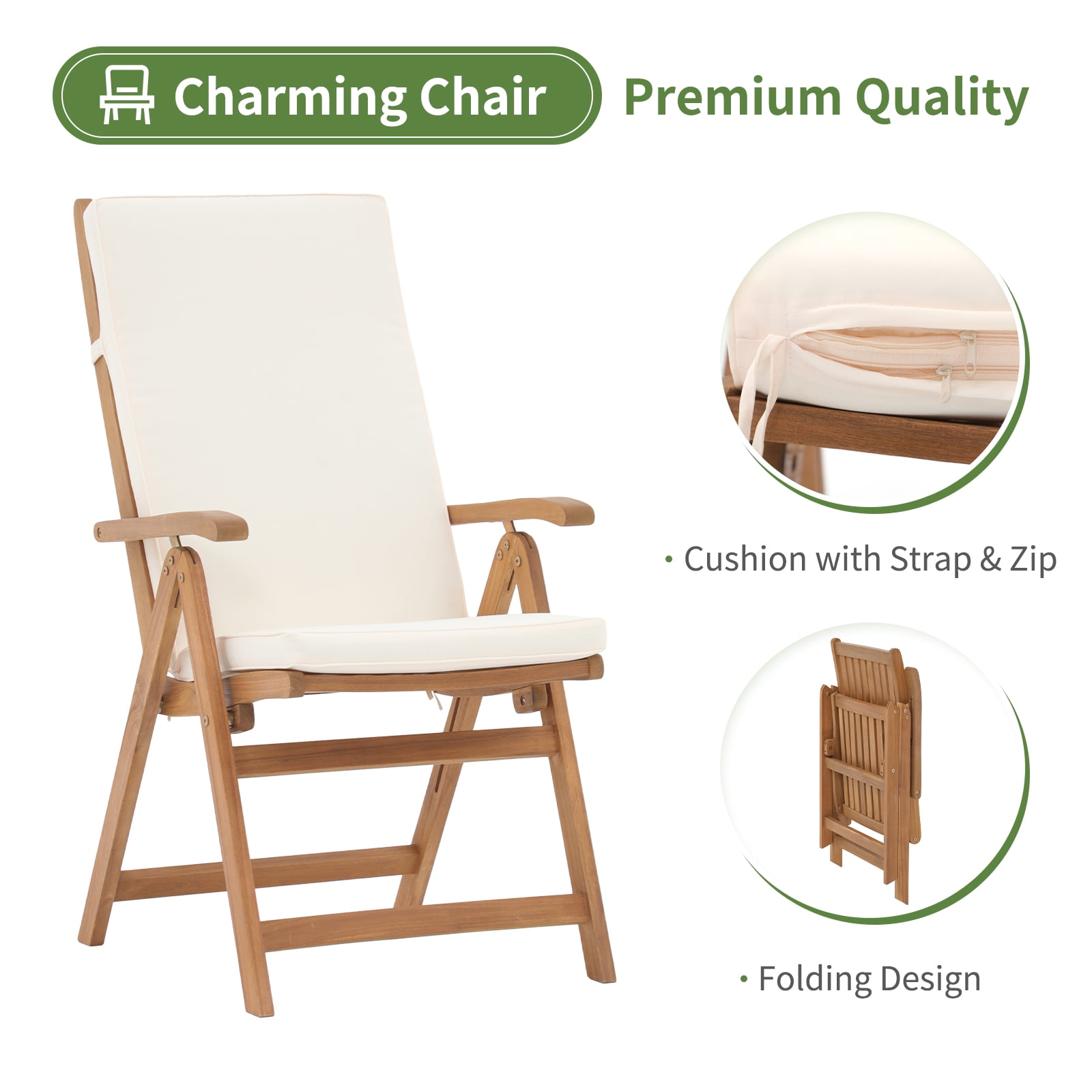 JOIVI Folding Patio Dining Chair Set of 2, Outdoor Acacia Wooden Reclining Chair w/Armrest & Removeable Cushion, FSC Certified Wood, for Porch, Backyard, Garden, Indoor, No Assembly