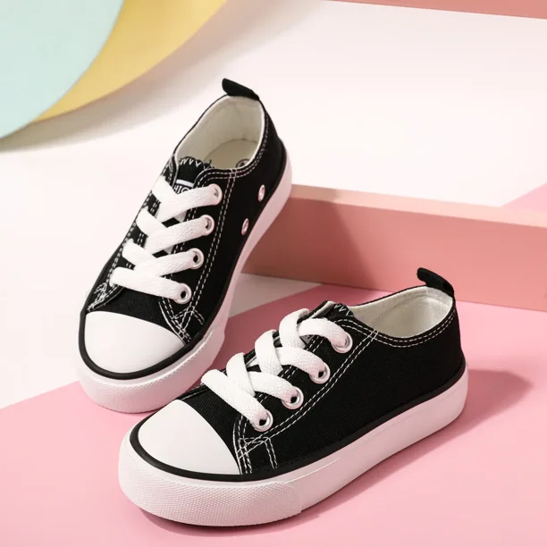 Patpat Baby Kids Canvas Shoes Toddler Boys Girls Slip On Sneakers Solid Letters Soft Sole Lace Up Walking Shoes Black Size 4.5 13.5 Black