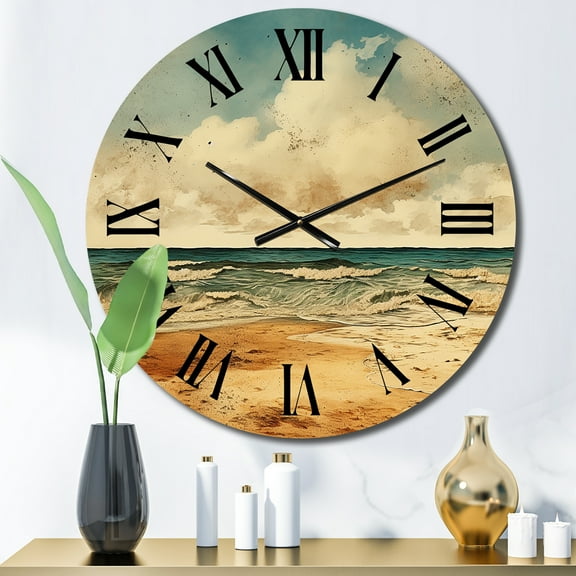 Designart "Vintage Scenery by the Beachside II" Nautical & Beach Oversized Wall Clock