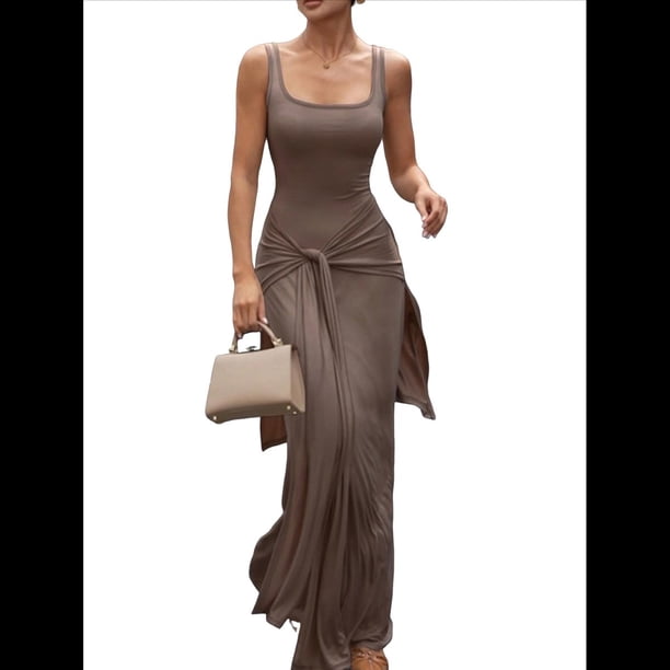 Vestido de Verano para Mujer, Sin Mangas, con Cuello Cuadrado, Sexy, con Doble Forro, Ajustado, y Maxivestido. Caqui M