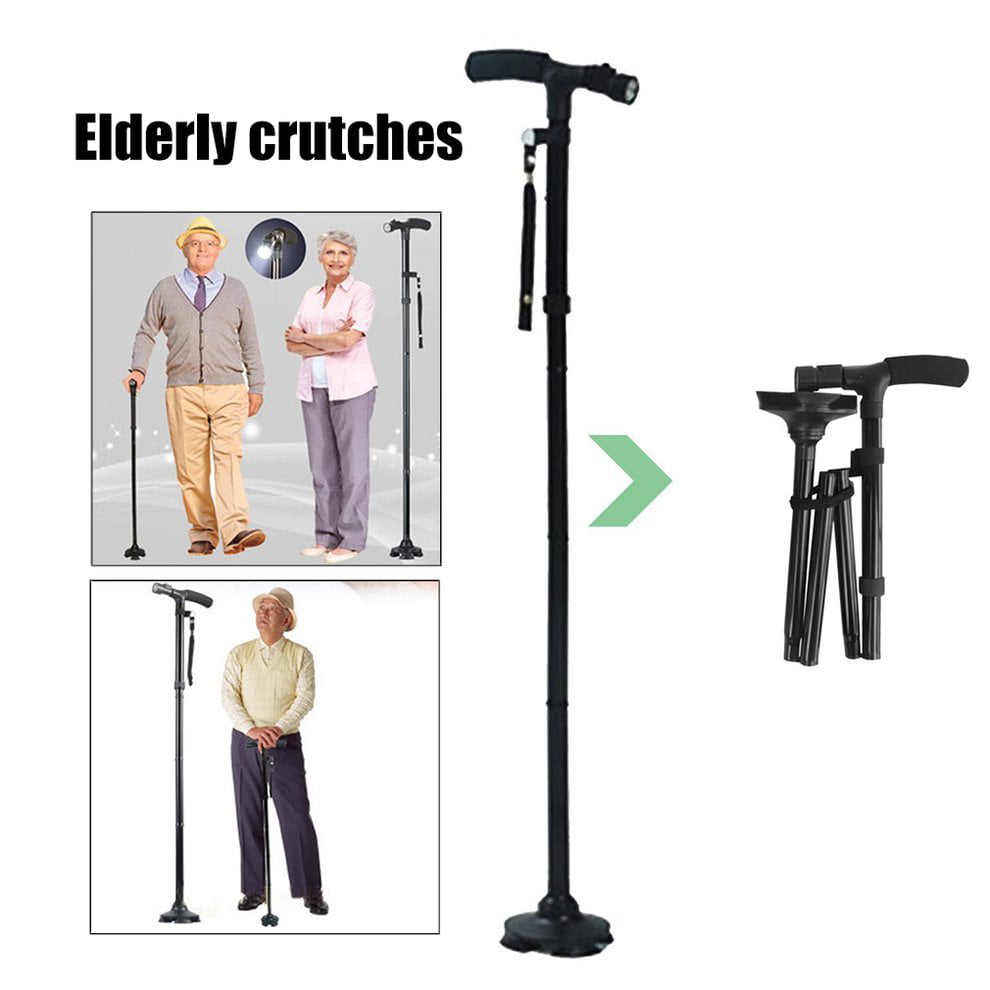 CANEBQ Old Man Crutches LED Lights Aluminum Folding Smart Crutches Mountaineering Fitness Canes Walkers Telescopic Canes Hiking Pole-Black 
