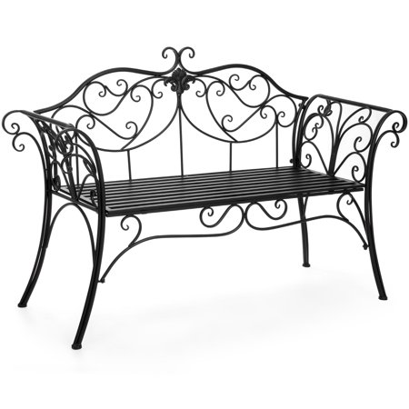 Black Slate Patio Best Choice Products 52in 2-Person Decorative Metal Iron Patio Garden Bench Outdoor Furniture for Front Porch, Backyard, Balcony, Deck w/ Elegant Scroll Details, Rolled Armrests - Black ()