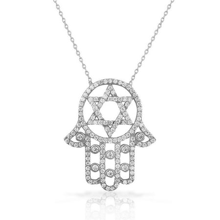 925 Sterling Silver White CZ Hamsa Star of David Necklace