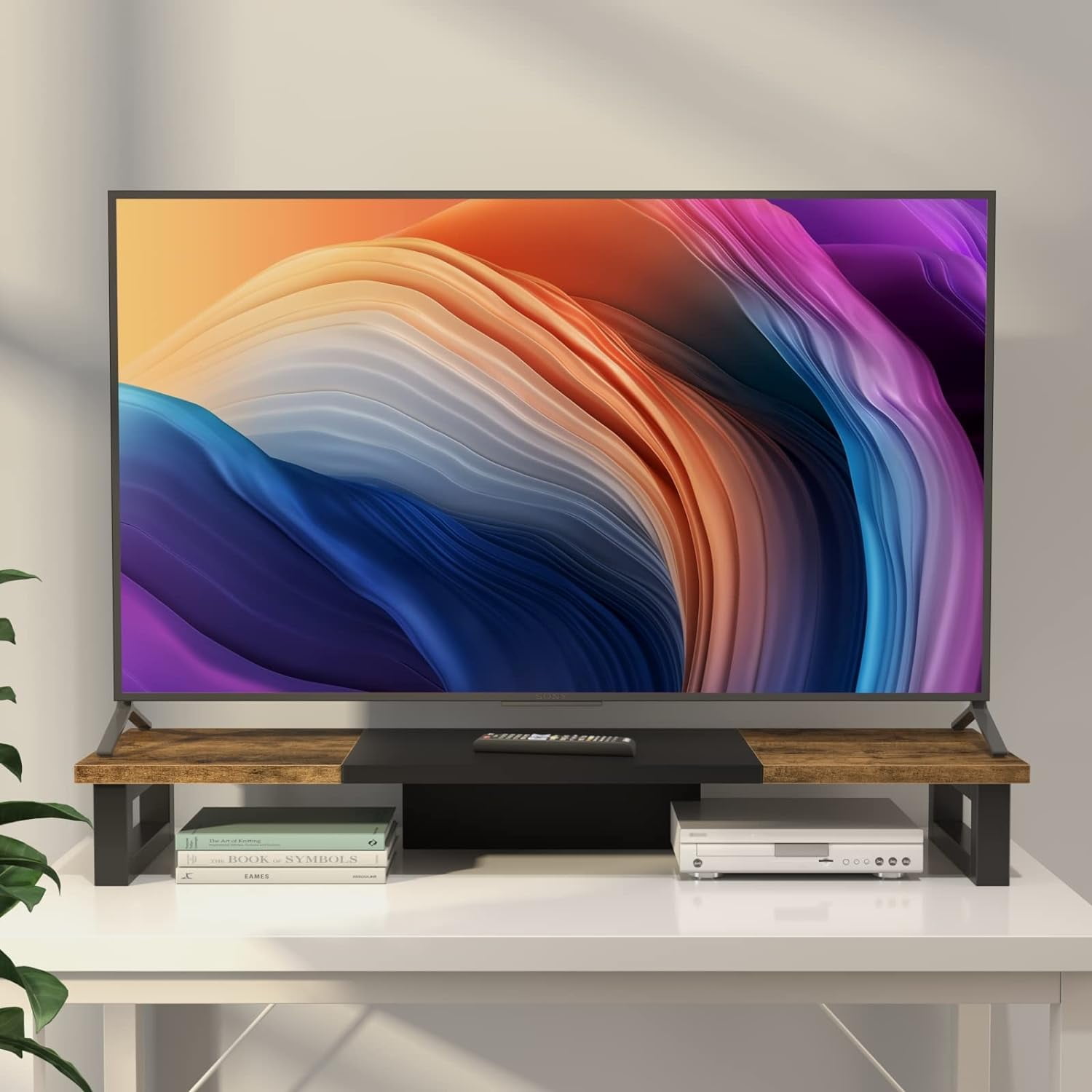 Dual Monitor Stand Riser with Wood and Steel, Multi-Purpose Desktop Storage Stand for Computer, Laptop, Printer, and TV