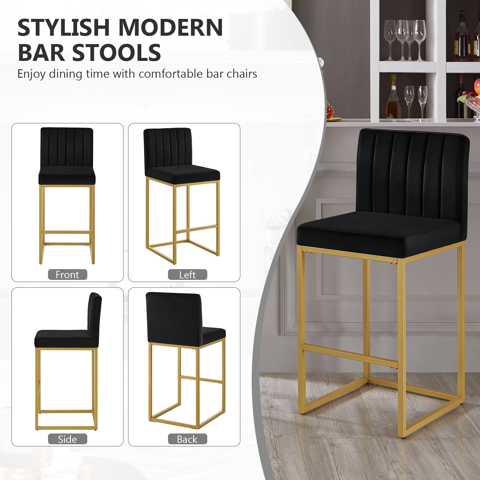 27 Inch Bar Stool, Velvet Counter Height Bar Stools, Set of 2 Bar Chairs with Back and Metal Legs, Kitchen Island Counter Stools for Pub, Dinning Room, Cafes