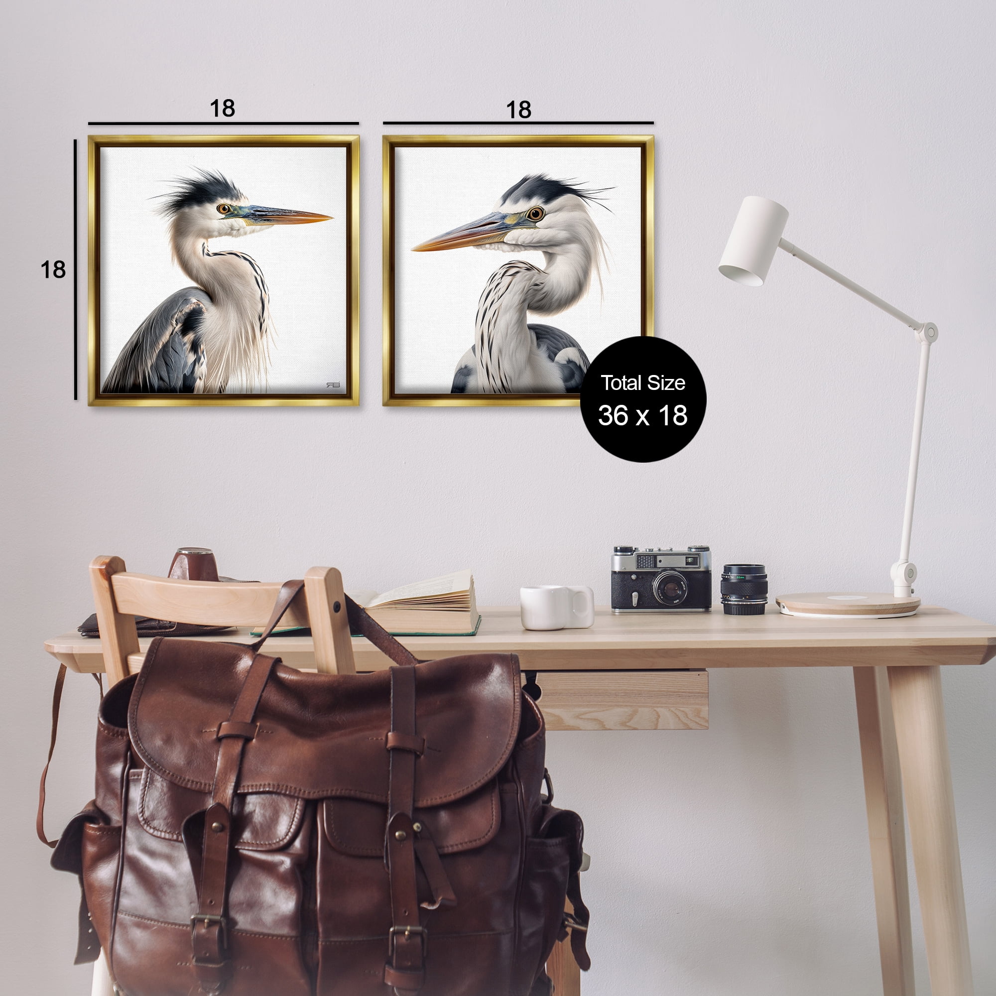 Stupell Industries Young Heron Birds Animals Painting Gold Floater Framed Canvas Art Print Wall Art, 18 x 18, Set of 2