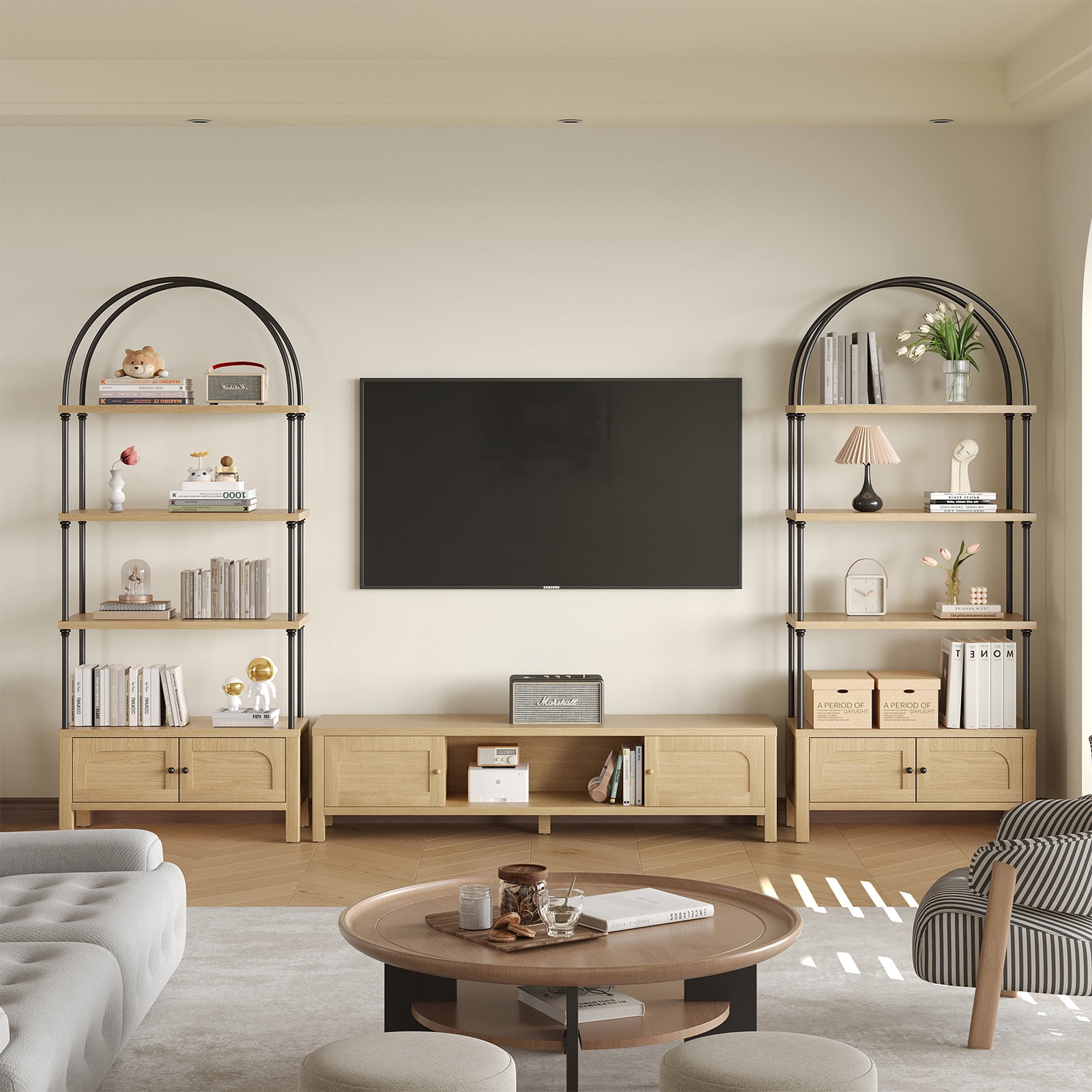 Furnibear Arched Bookshelf with Door 72 Inches Tall 5 Tier Storage Shelf with Cabinet,Modern Open Bookcase for Living Room or Home Office,Brown