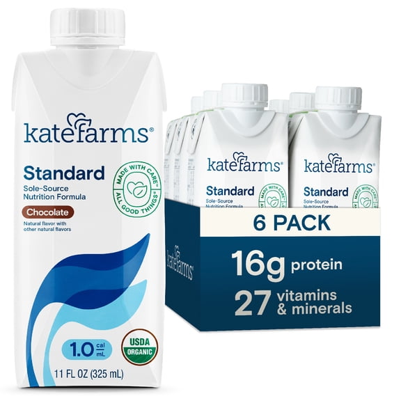 Kate Farms Organic Vegan 1.0 Sole-Source Nutrition Shake, Chocolate, 16g of protein, 27 Vitamins and Minerals, Protein Shake 11 Fl oz (Pack of 6)