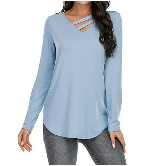 Odeerbi Womens Tops Long Sleeve Shirts Blouses Solid Color 2024 Fashion Leisure Comfortable V-neck Long Sleeves Blouse Blue
