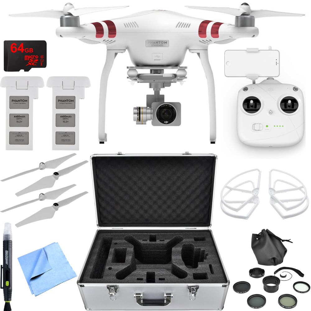DJI Phantom 3 Quadcopter Drone w/ 2.7K Camera Accessory Bundle includes Drone, Flight Batteries, Propellers + Guards, Case, 37mm Filter Kit, 64GB microSDXC Memory Card, Cleaning Pen and Cloth picture