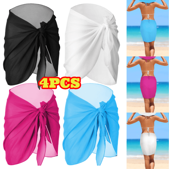 4pcs Sarongs Coverups for Women, Swimsuit Wrap Skirt Beach Bikini Bottom Cover up Short Skirt Chiffon Cover Ups for Swimwear