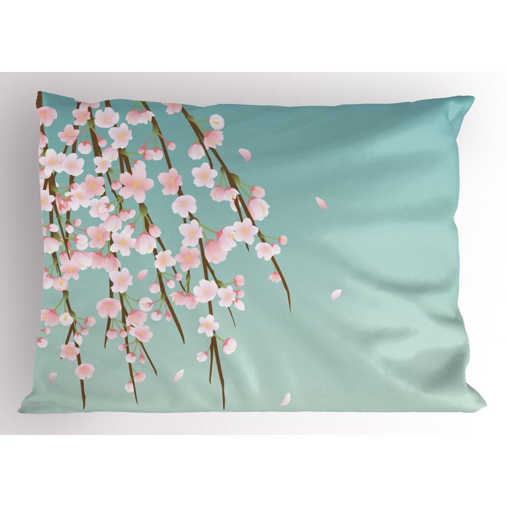 Weeping Flower Pillow Sham Freshly Blooming Cherry Blossom Branches