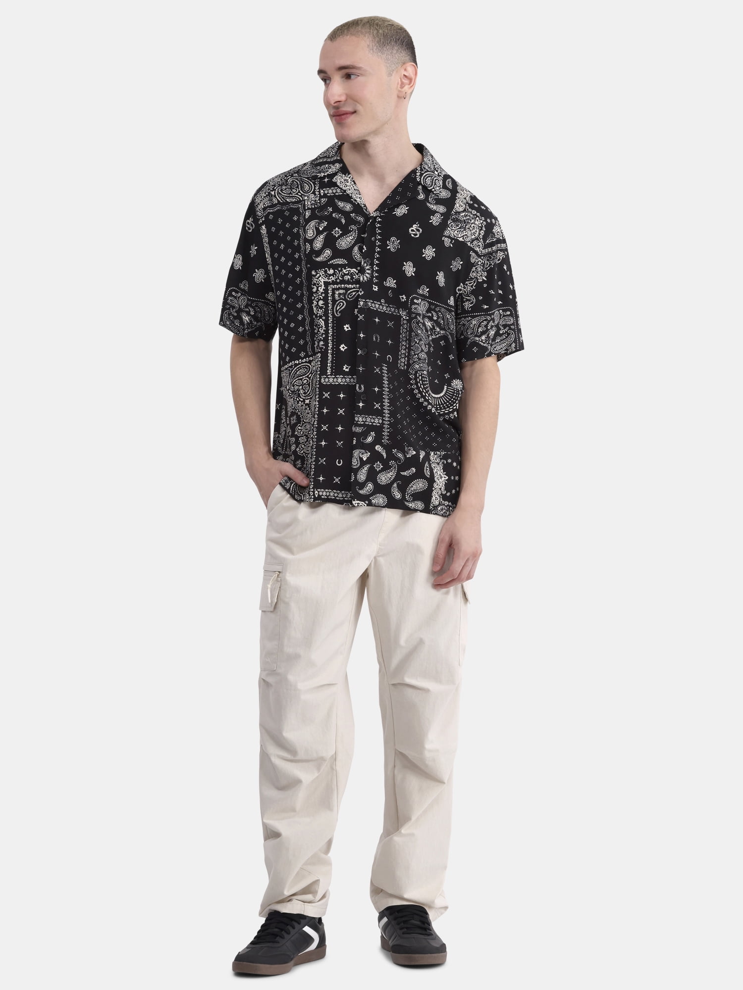 No Boundaries Men's & Big Men's Rayon Print Button Up Shirt with Short Sleeves, Sizes XS-5XL