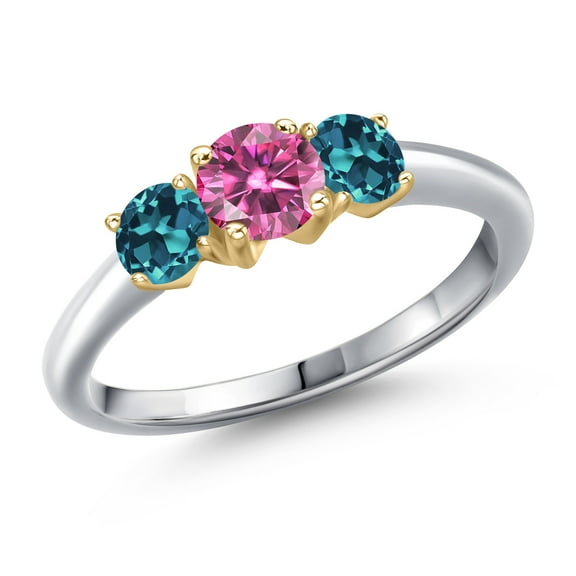Gem Stone King 925 Silver and 10K Yellow Gold Pink Moissanite and London Blue Topaz Engagement Ring for Women | 1.16 Cttw | Round 5MM | Gemstone Birthstone | Size 5