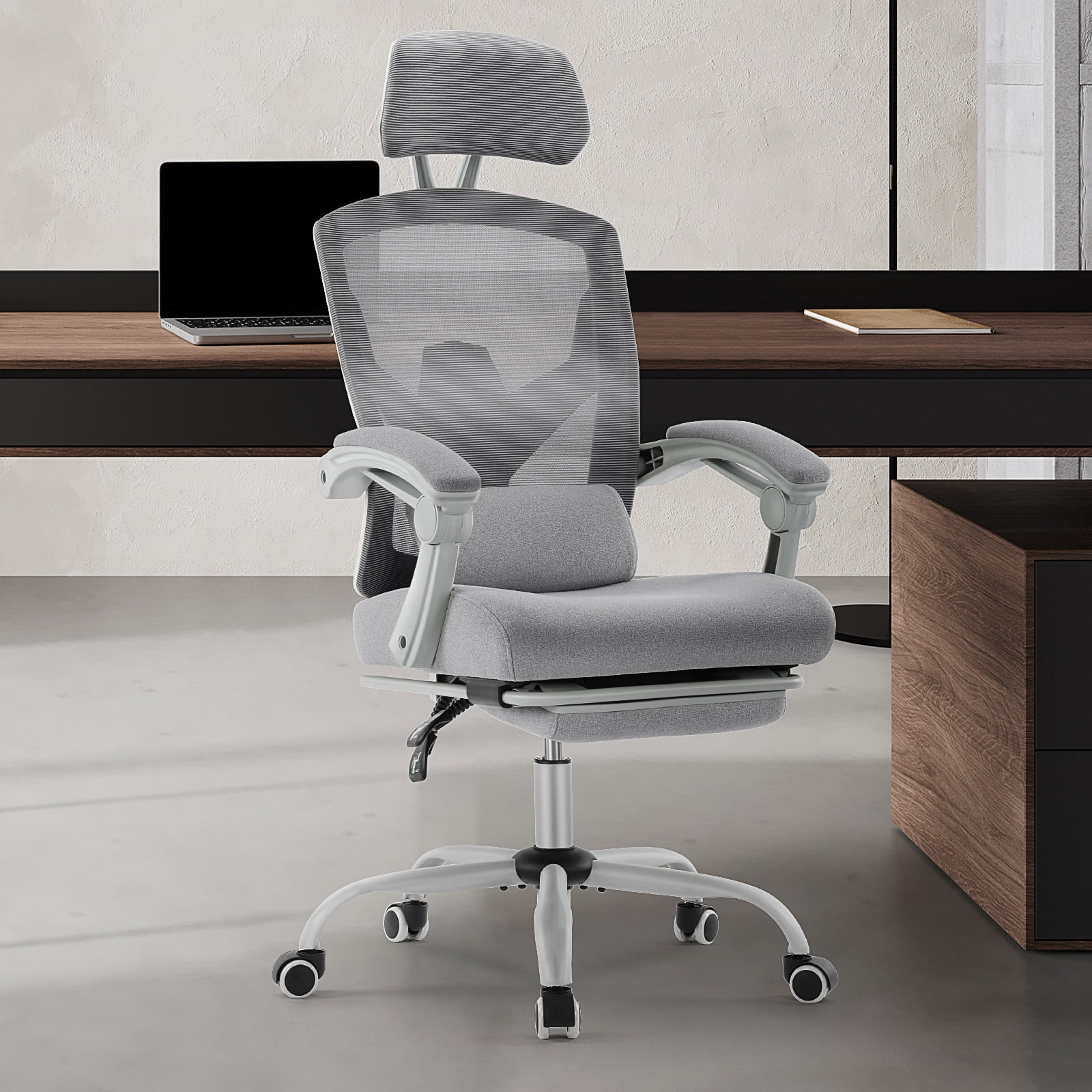 JIOABL Ergonomic Office Chair - High Back Mesh, Reclining with Lumbar Support, Adjustable Headrest, Footrest & Padded Arms, Gray