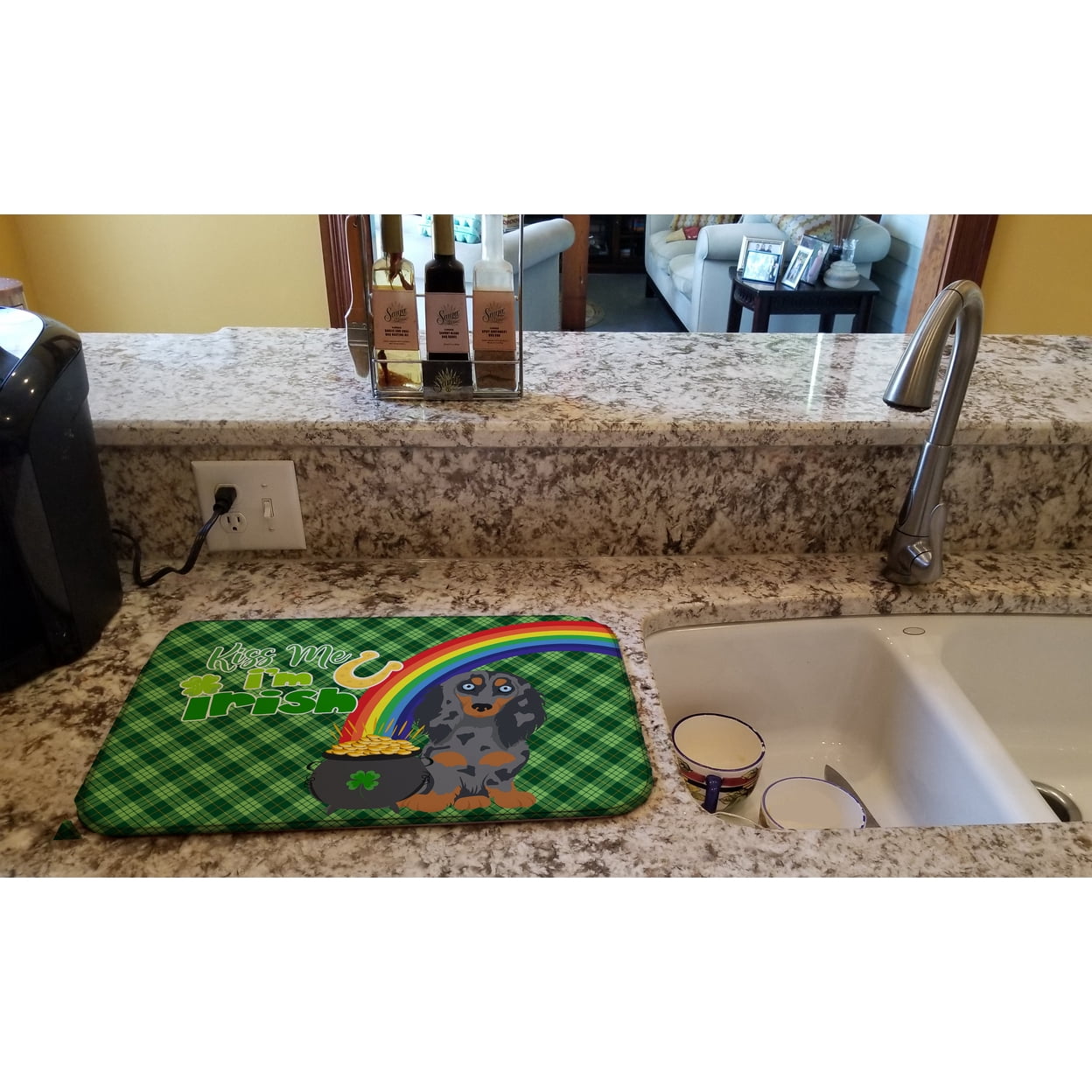 Longhair Blue and Tan Dapple Dachshund St. Patrick's Day Dish Drying Mat 14 in x 21 in