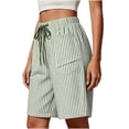 thumbnail image 3 of Lightweight Denim Shorts Women New Women’s Linen Striped Shorts, Elastic Waist Drawstring Casual Beach Bottoms, Loose Knee Length Bermuda Shorts with Pockets Green XXL, 3 of 6